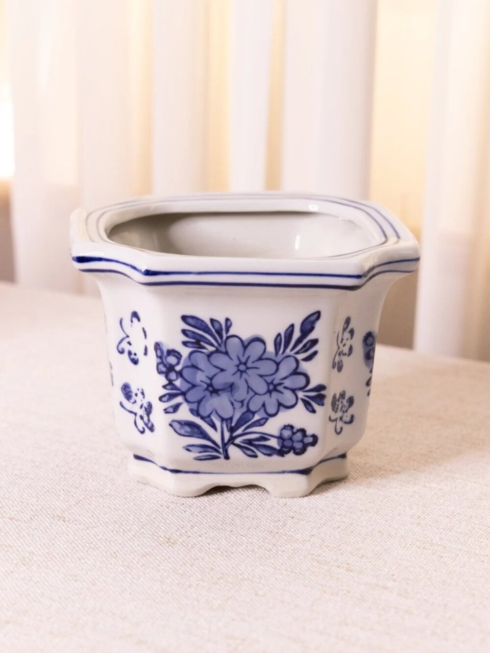 Medium Square Ceramic Blue & White Floral Planter Flower Pot